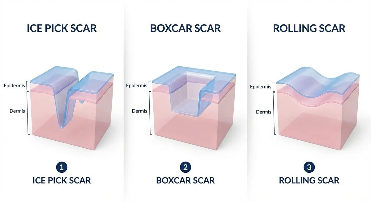 Diagram comparing ice pick, boxcar, and rolling acne scars