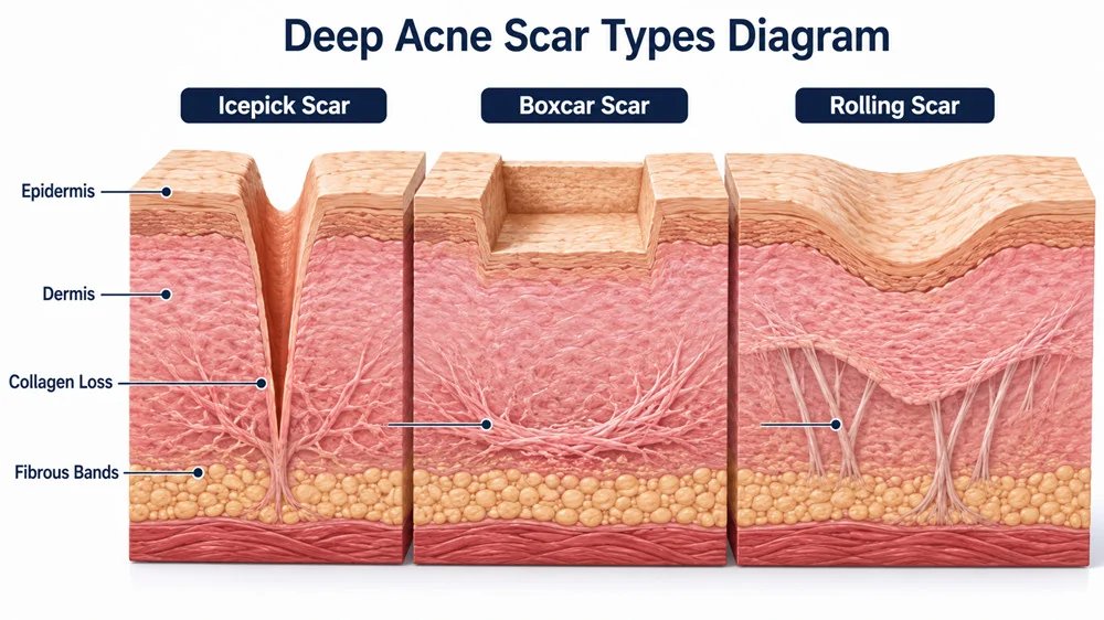 Skin cross-section comparing deep ice pick, boxcar, and rolling scars
