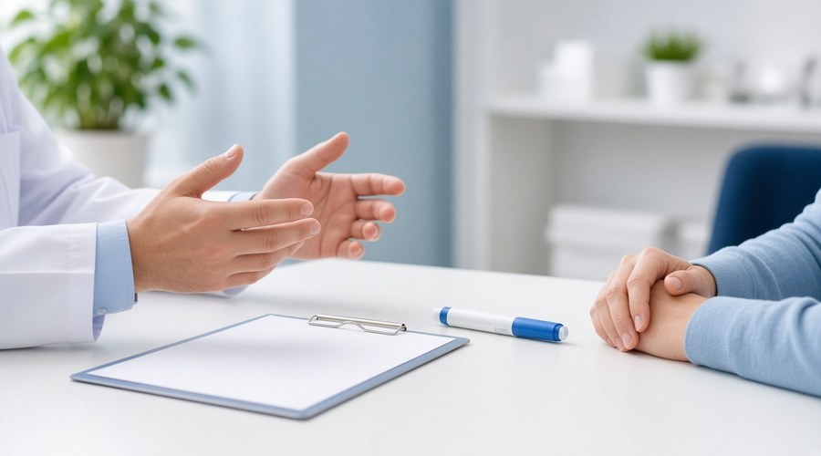 Clinician and patient hands at a consultation desk with a clipboard and pen injector, discussing a medication switch