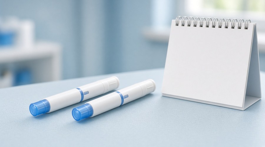 Two unbranded pen injectors beside a blank desk calendar illustrating daily versus weekly GLP-1 dosing