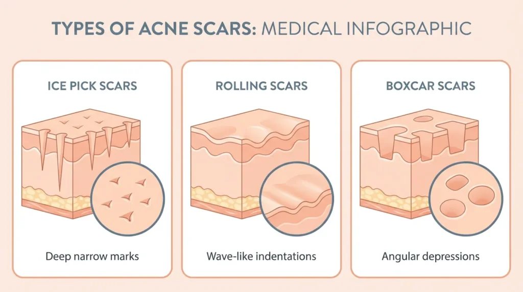 Medical infographic showing ice pick, rolling, and boxcar acne scars