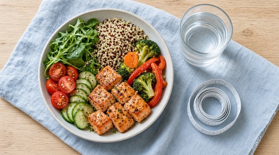 Healthy salmon and vegetable bowl with water and a measuring tape representing diet support during GLP-1 therapy