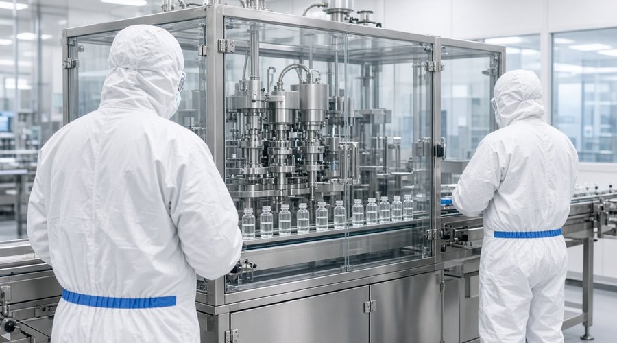 Technicians in cleanroom suits operating an automated vial filling line in a GMP facility