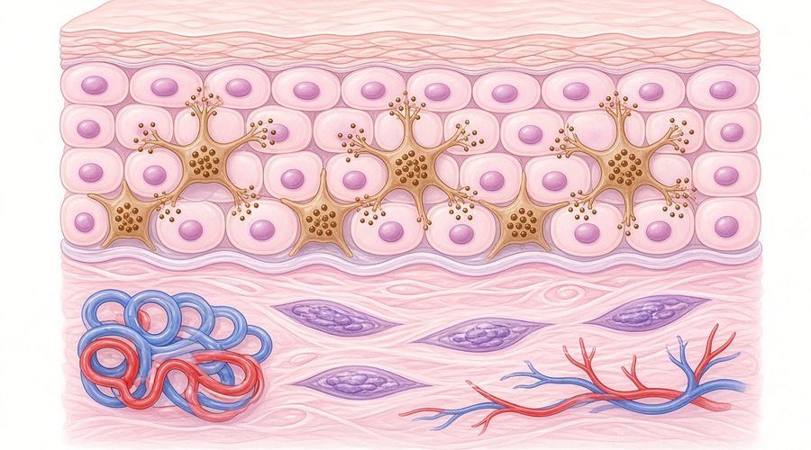 Illustration of skin layers showing melanocytes transferring melanin to surrounding keratinocytes
